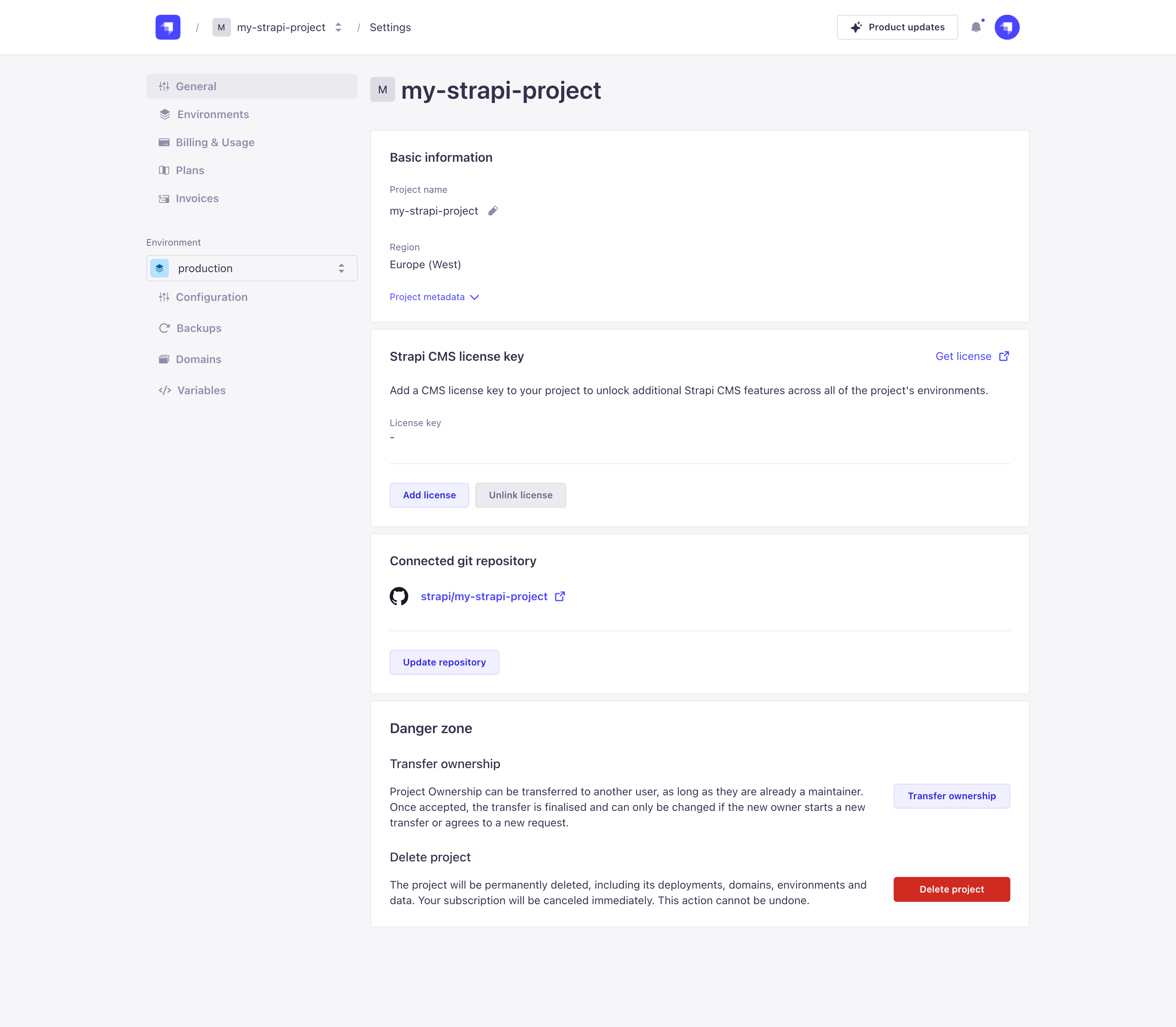 Project settings page